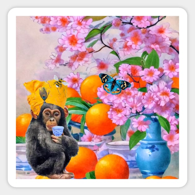 Chinoiserie monkey and oranges Sticker by SophieClimaArt